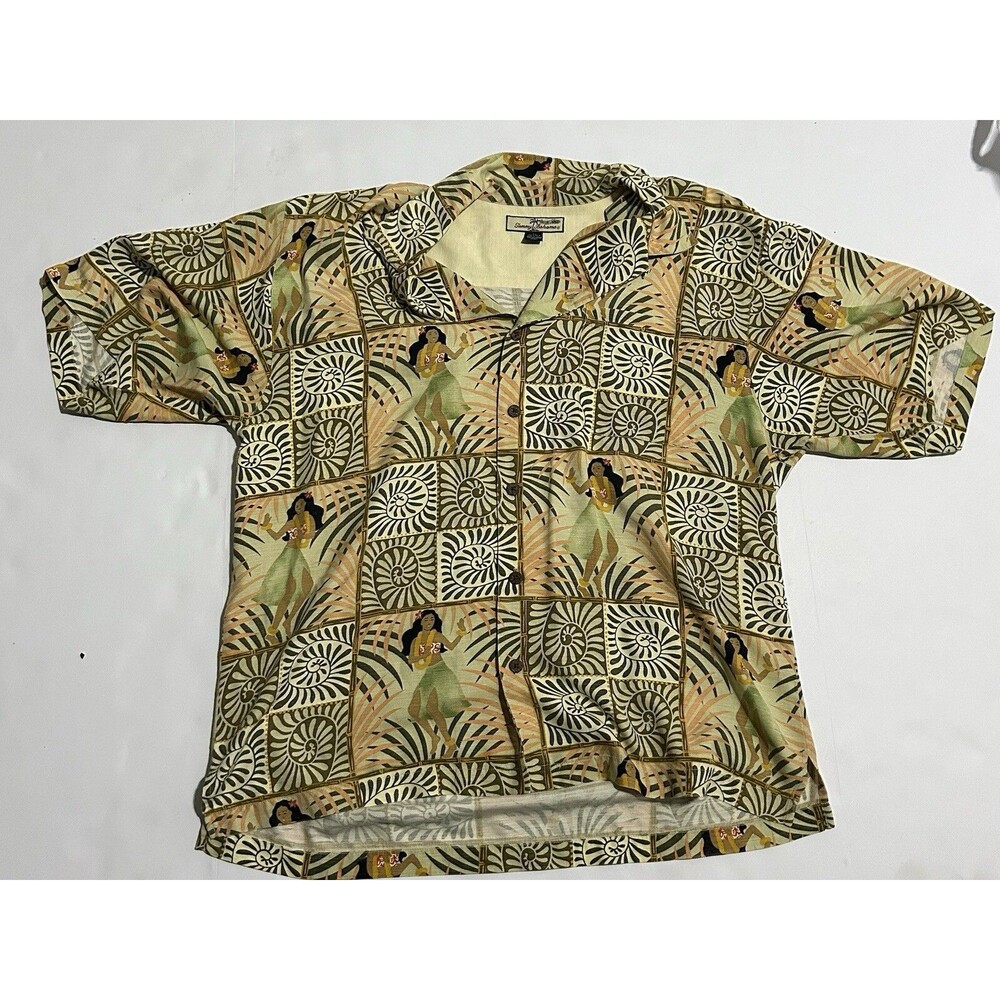 Tommy Bahama Shirt Mens L Beige Button Up Collared Silk Hula Girl Hawaiian Print